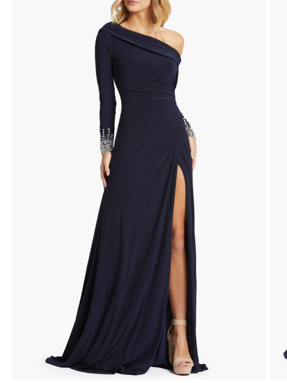 MacDuggal Beaded Cuff Drop Shoulder Faux Wrap Gown